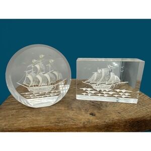 Vintage Carved Lucite Ship Paperweights Set of 2 Mid-Century Nautical Art